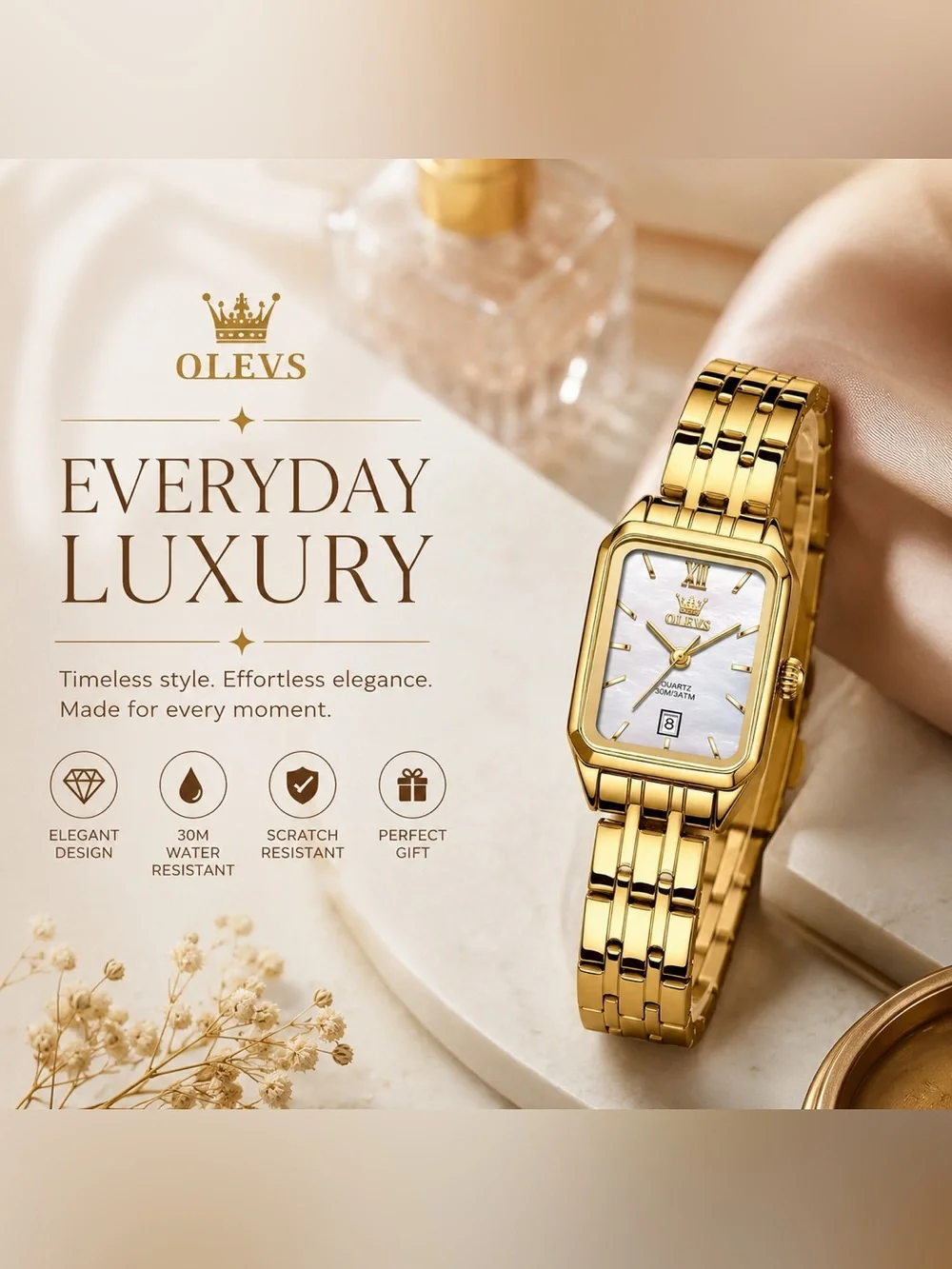 OLEVS Women Gold Rectangular Quartz Watch Mother of Pearl Dial Date Display NWT
